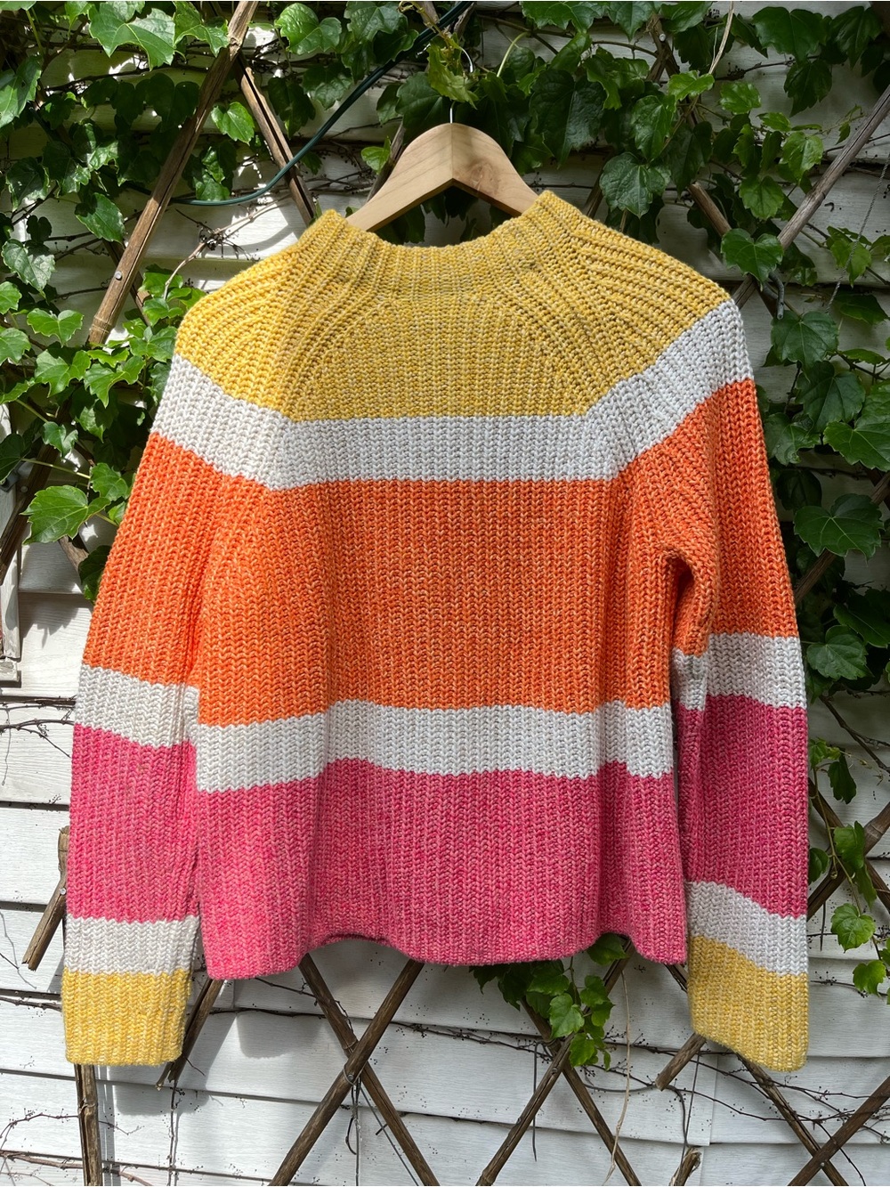 Cozy Striped Cowl Sweater in Yellow, Orange & Pink